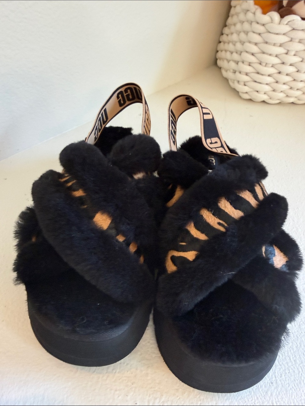 Ugg women’s Black Faux Fur Sandals with Leopard Accent